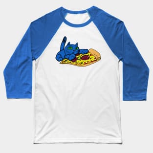 Blue Cat with Green Eyes and a Slice of Pizza Baseball T-Shirt